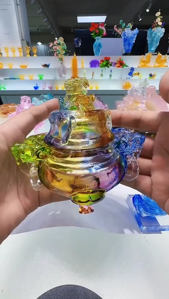 泥塑古法琉璃双耳香炉摆件