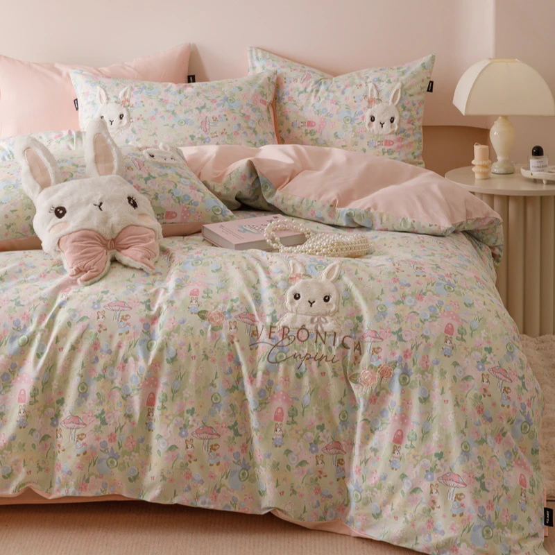 【奶萌兔】全棉卡通贴布绣刺绣四件套三件套宿舍床笠款学生