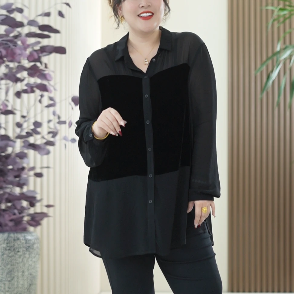 人丝双绉拼真丝丝绒衬衫女大码优雅显瘦休闲复古衬衣秋季法式开衫