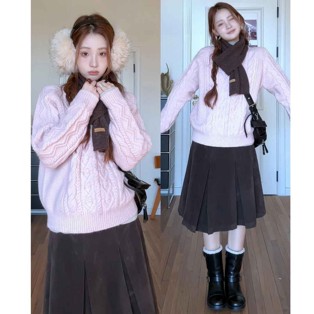 粉色宽松麻花毛衣女秋冬加厚保暖慵懒风针织内搭可外穿打底衫上衣