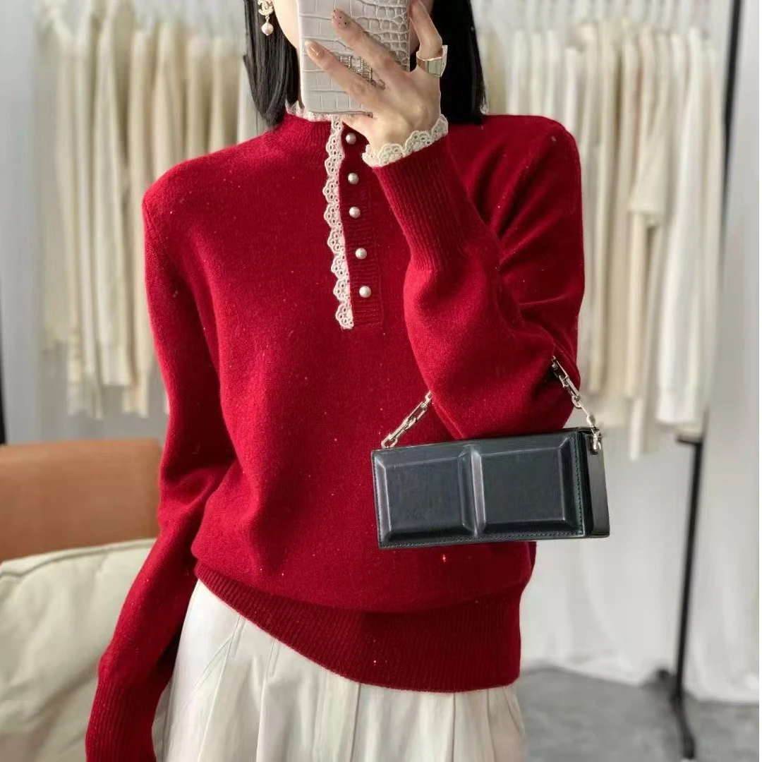 红色过年毛衣新款洋气花边钉珠秋冬百搭女宽松显瘦半高领针织毛衣