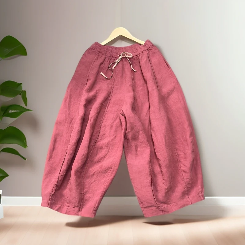 文艺亚麻16片拼接炒色松紧腰系带南瓜裤春季新百搭休闲阔腿蜜瓜裤