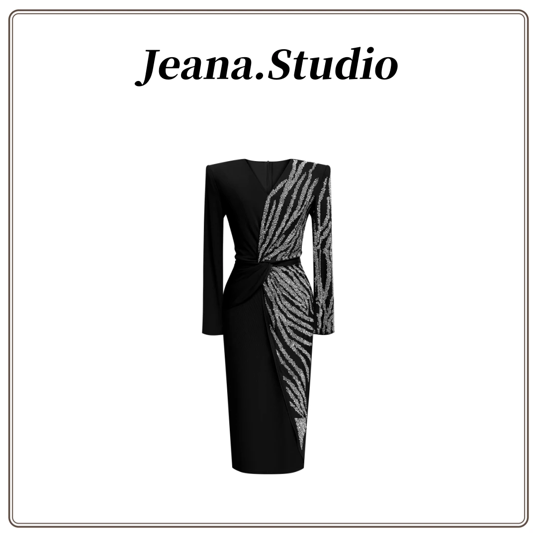 【Jeana.Studio】原创设计轻奢时尚烫钻腰部设计感V领长袖连衣裙