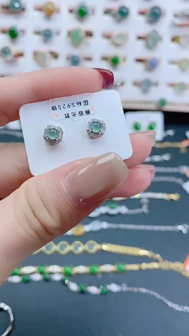 银S925镶嵌翡翠耳饰天然翡翠