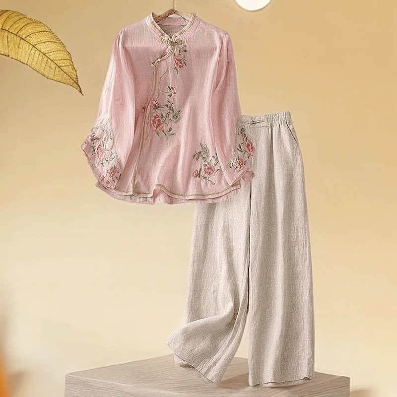 斜襟夏季中式国风刺绣立领衬衫女七分袖时尚民族风休闲文艺复古