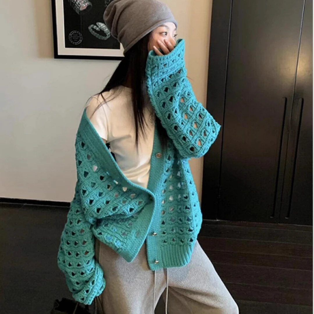 早春穿搭小众上衣镂空洋气毛衣外套法式高级感宽松慵懒风针织开衫