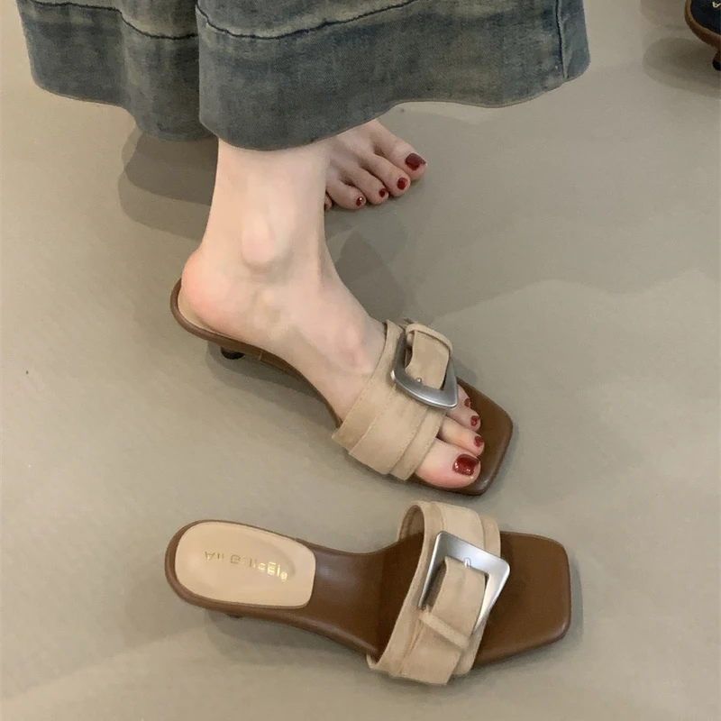 ALGF-183-1韩版新款小众细跟露趾凉拖鞋女2025夏外穿高跟一字拖鞋