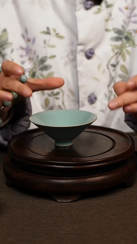 瓷片仿古天青全手斗笠杯70ml 微瑕 不带礼盒