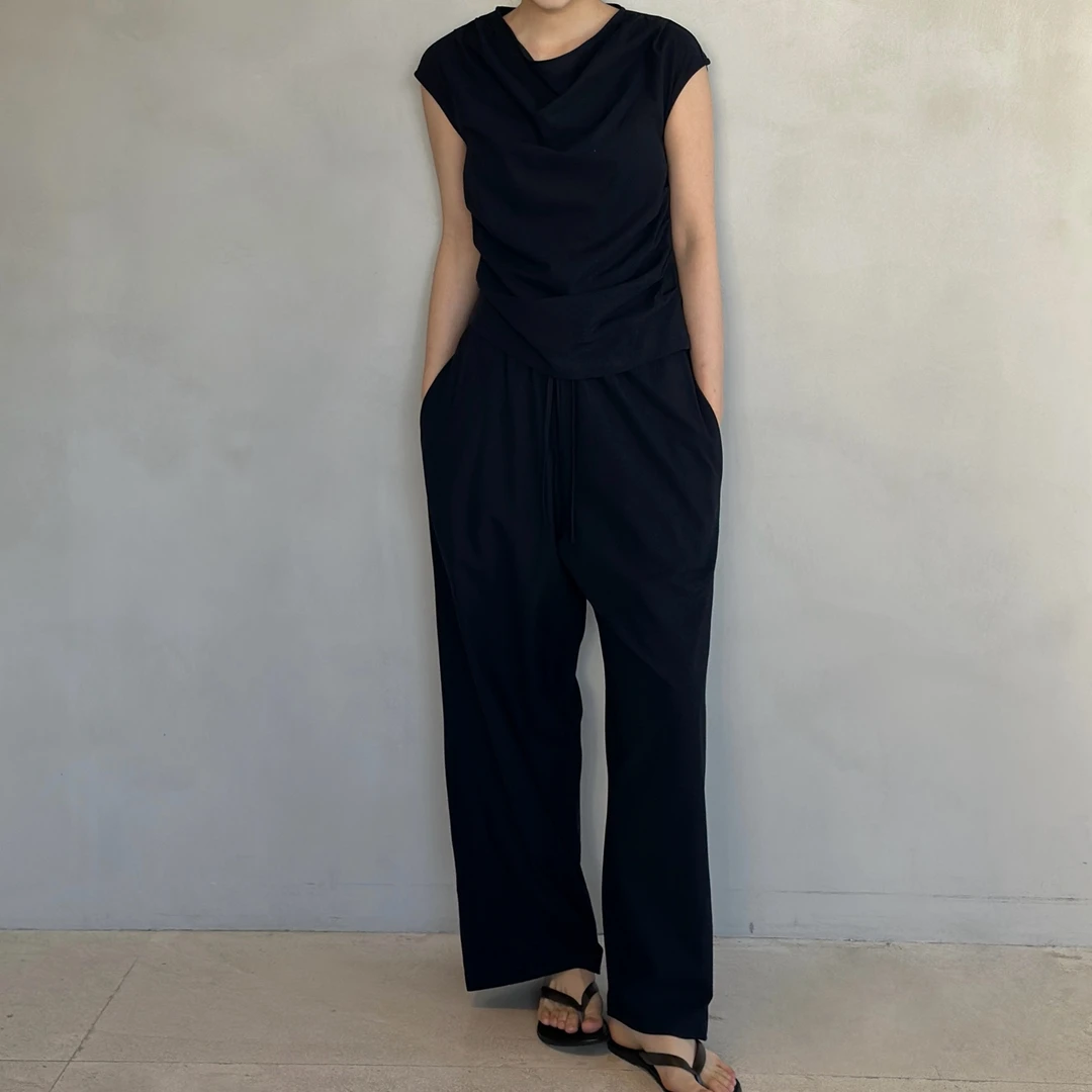 气质舒服松紧腰系带强捻棉压皱直筒黑色运动舒适阔腿长裤夏季