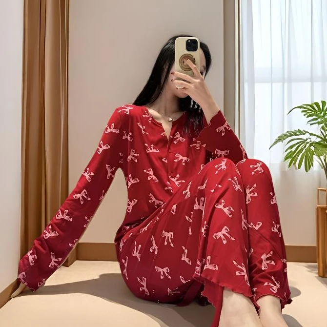 新年睡衣女春秋薄款代尔棉二件套装红色本命年家居服圣诞节礼物