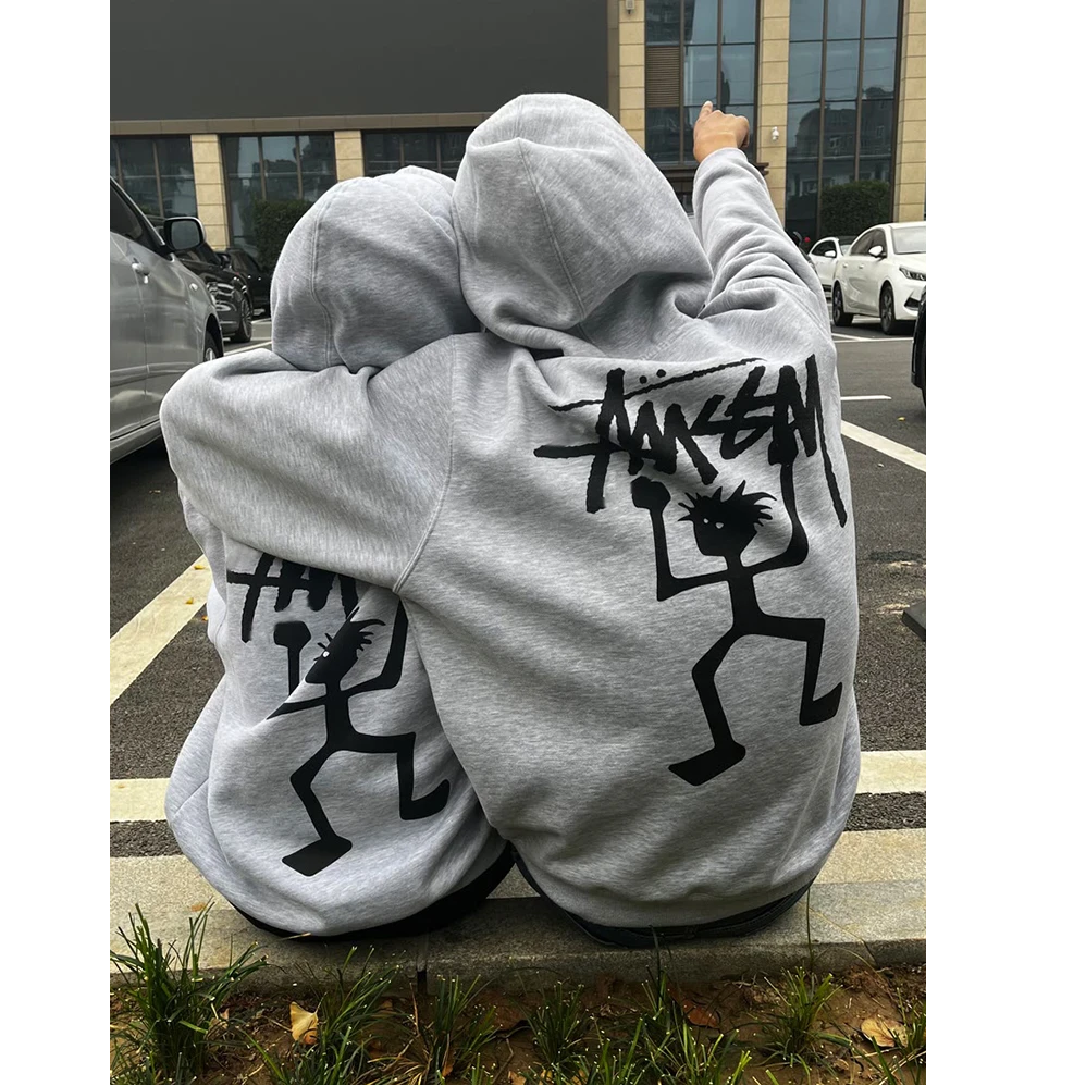 2026新款火柴人搞怪印花上衣青少年美式高街连帽卫衣重磅加绒外套