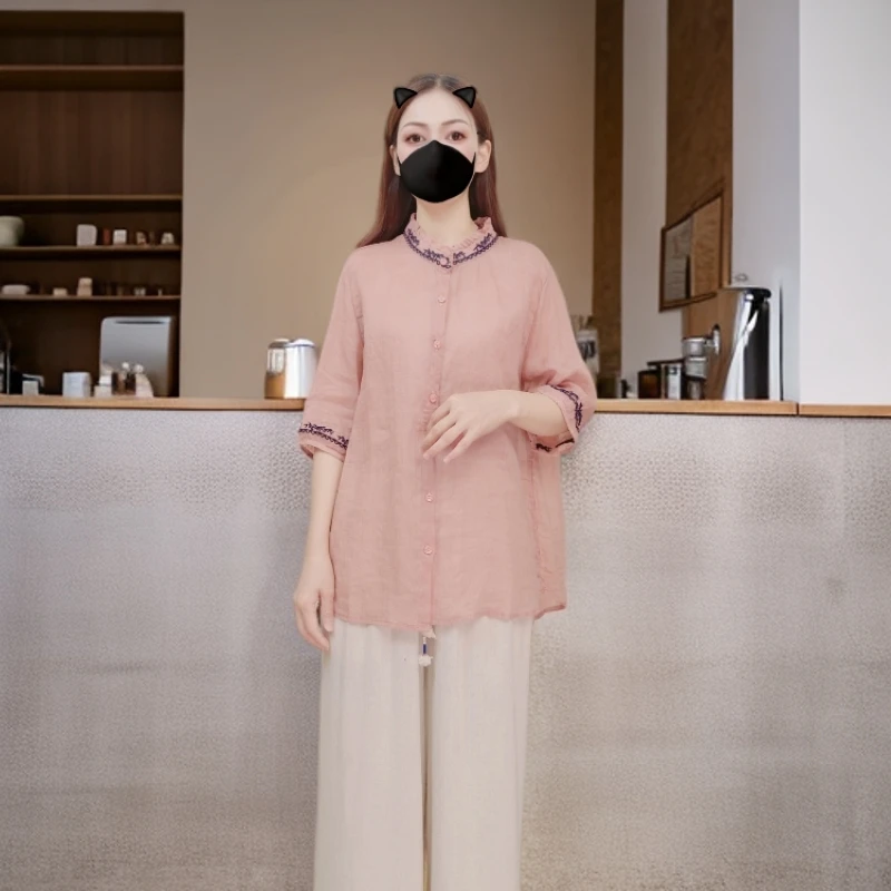 洋气减龄轻薄款夏季女吸汗透气苎麻衬衫宽松大码中袖T恤短袖104