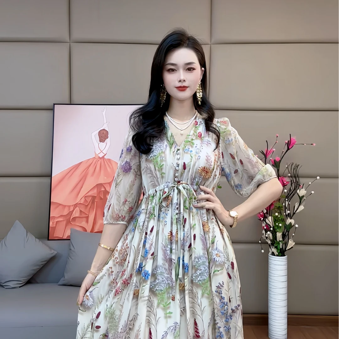 “山海田园” 真丝连衣裙碎花显瘦气质时尚 90472