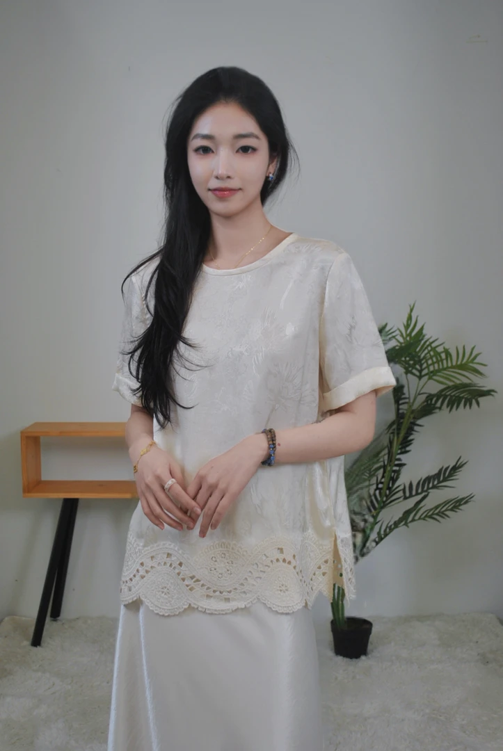 新款时尚刺绣提花拼蕾丝花边新中式上衣女5253