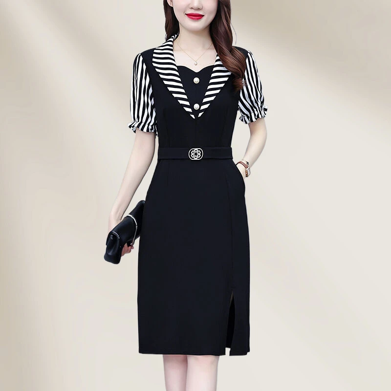 有口袋黑色连衣裙新款女款夏季大码气质假两件拼接减龄妈妈装裙子
