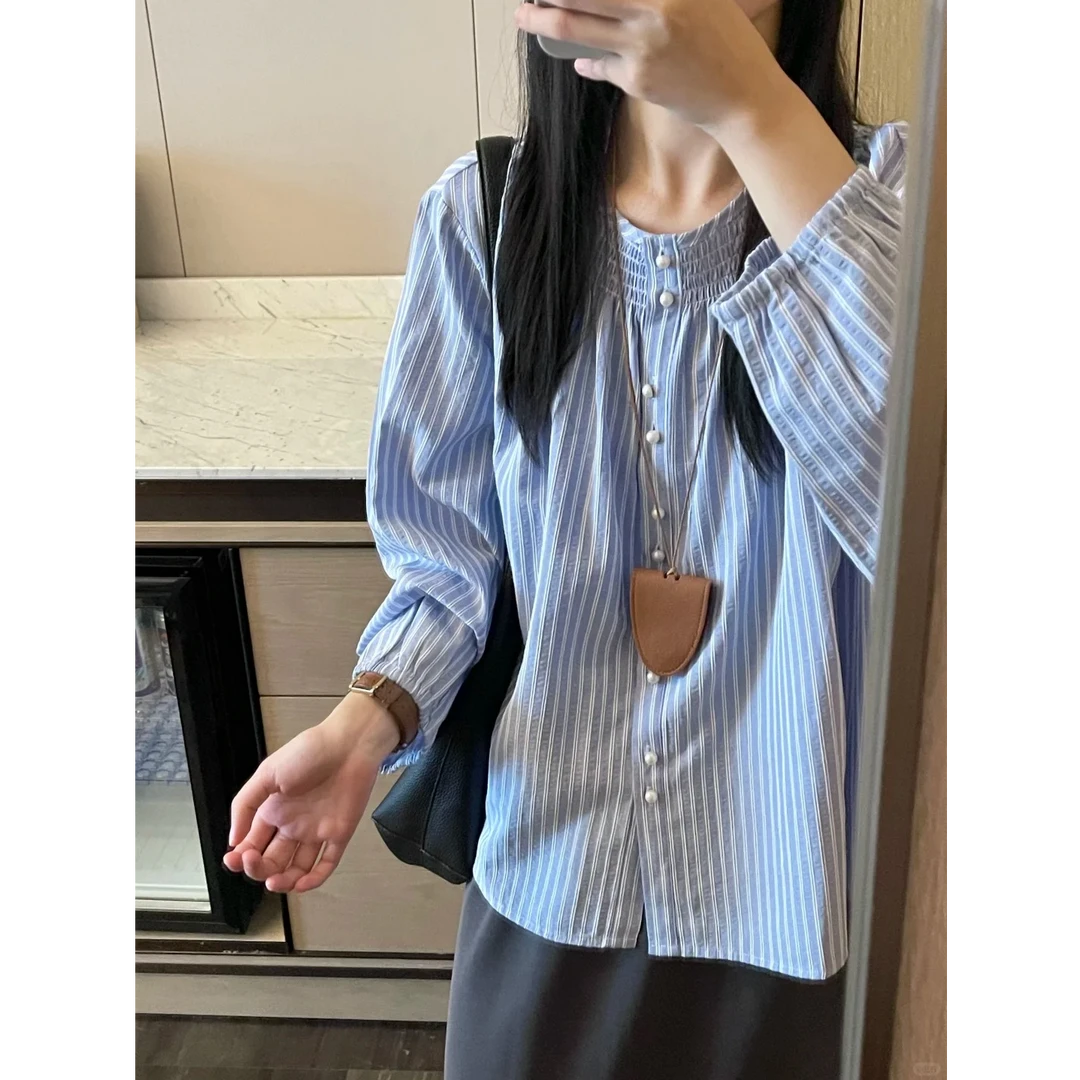 韩系温柔风蓝色竖条纹长袖衬衫女早秋新款复古百搭开衫圆领上衣