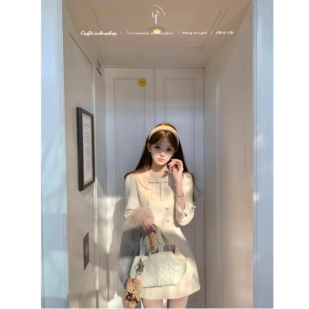 【牛奶酒酿】秋冬新款彼得潘翻领蝴蝶结双排扣连衣裙女显瘦收腰短裙