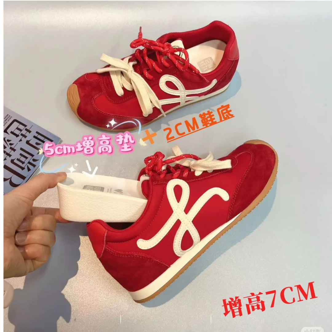 真皮增高女士复古厚底系带内增高德训百搭德训德训鞋子红色透气