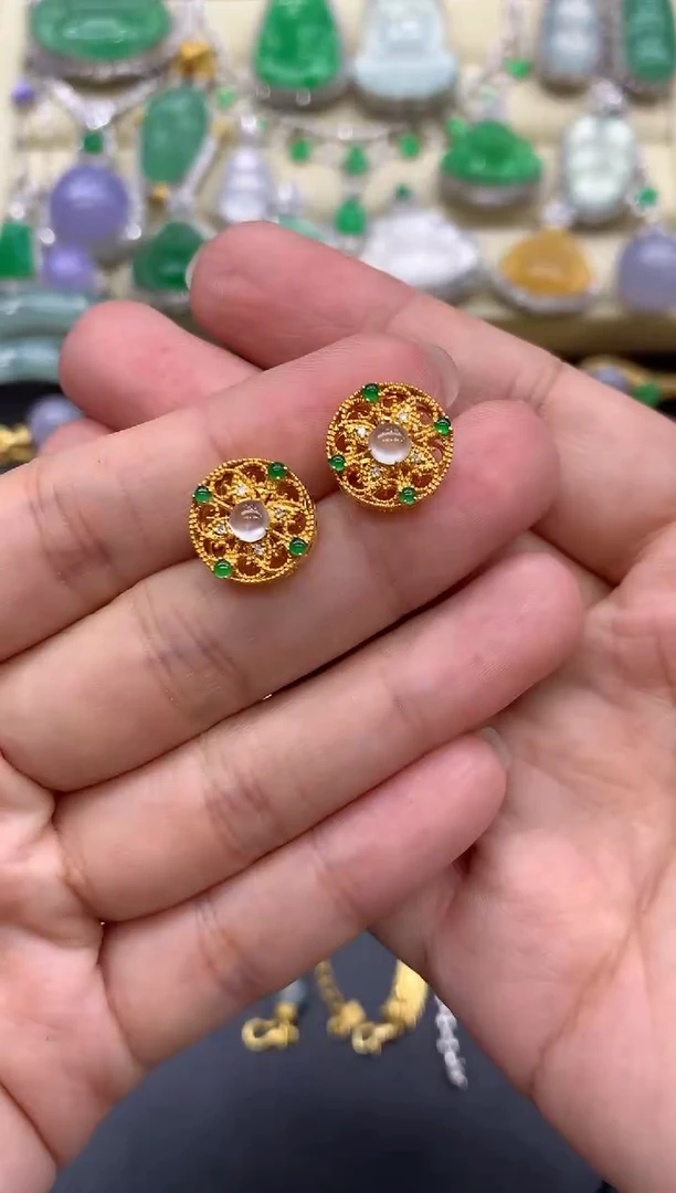 翡翠18K金镶嵌耳饰324-中国好珍宝