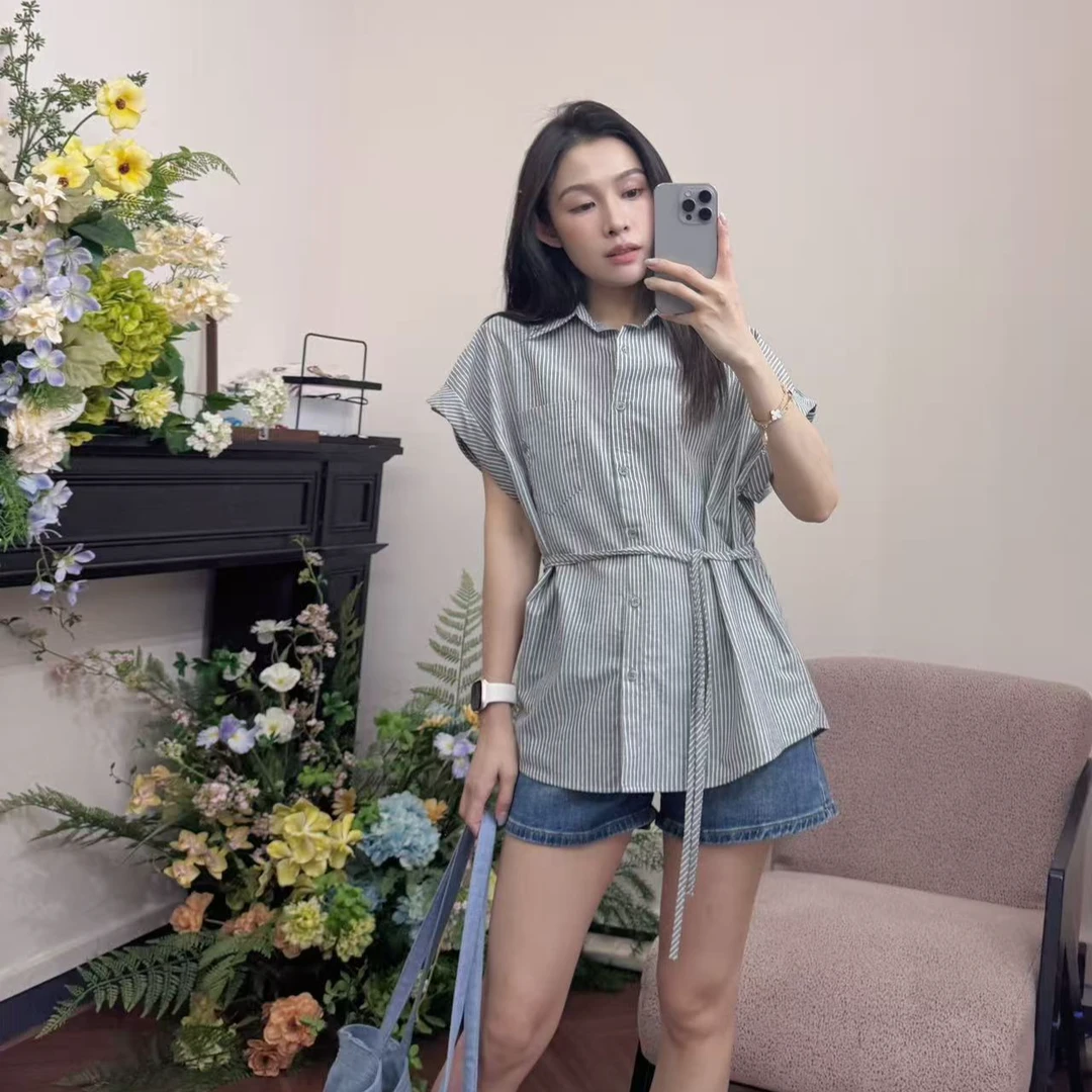 韩版系带收腰气质条纹短袖衬衫上衣#526