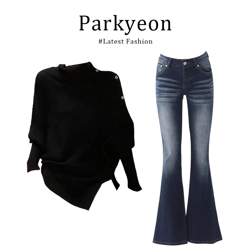 【同款性价比】韩版不规则黑色高领蝙蝠袖针织衫微喇牛仔裤时尚套装