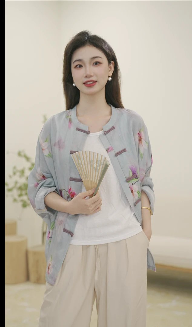 复古印花苎麻衬衫女文艺新中式盘扣衬衣开衫气质立领长袖薄款外搭