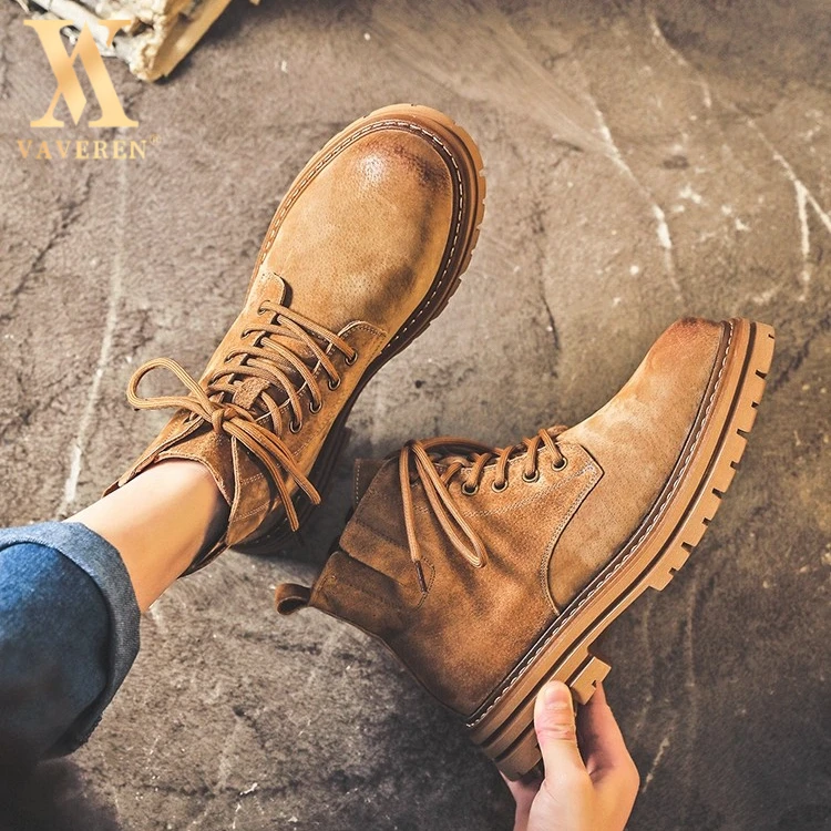 真皮马丁靴男新款增高中帮工装鞋夏季英伦短靴厚底高帮拉链大黄靴