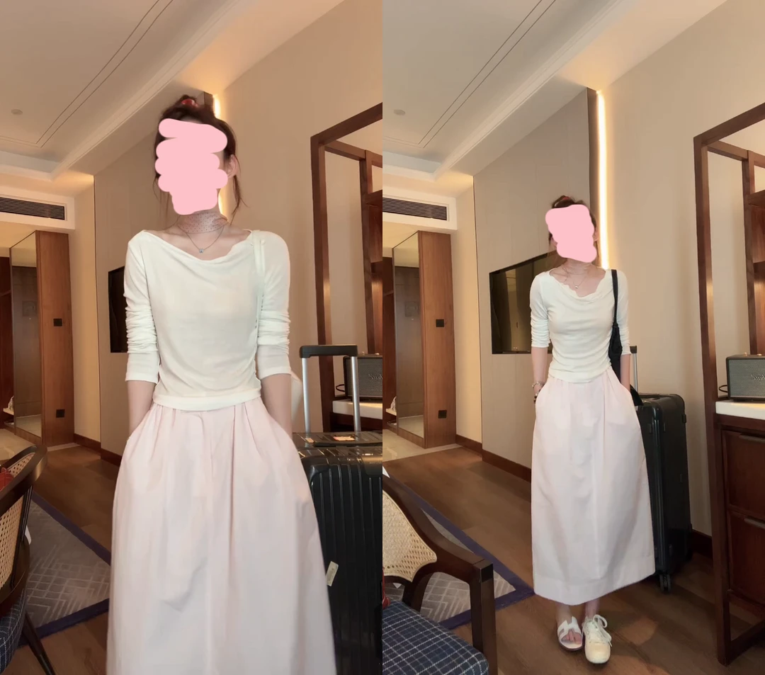 【淡人穿搭】2025夏季荡领设计款长袖气质上衣+半身裙两件套