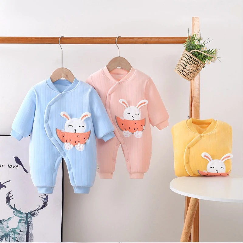 秋冬新款婴儿无骨哈衣男女宝宝夹棉加厚蝴蝶衣卡通爬服婴儿连体衣