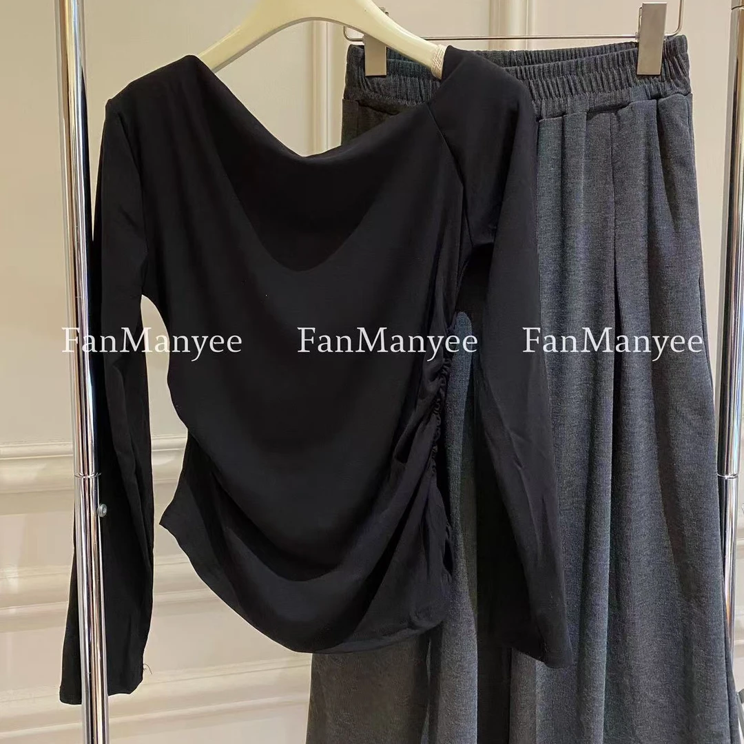 【纯欲诱惑】秋冬设计感气质显瘦可一字肩打底长袖不规则褶皱