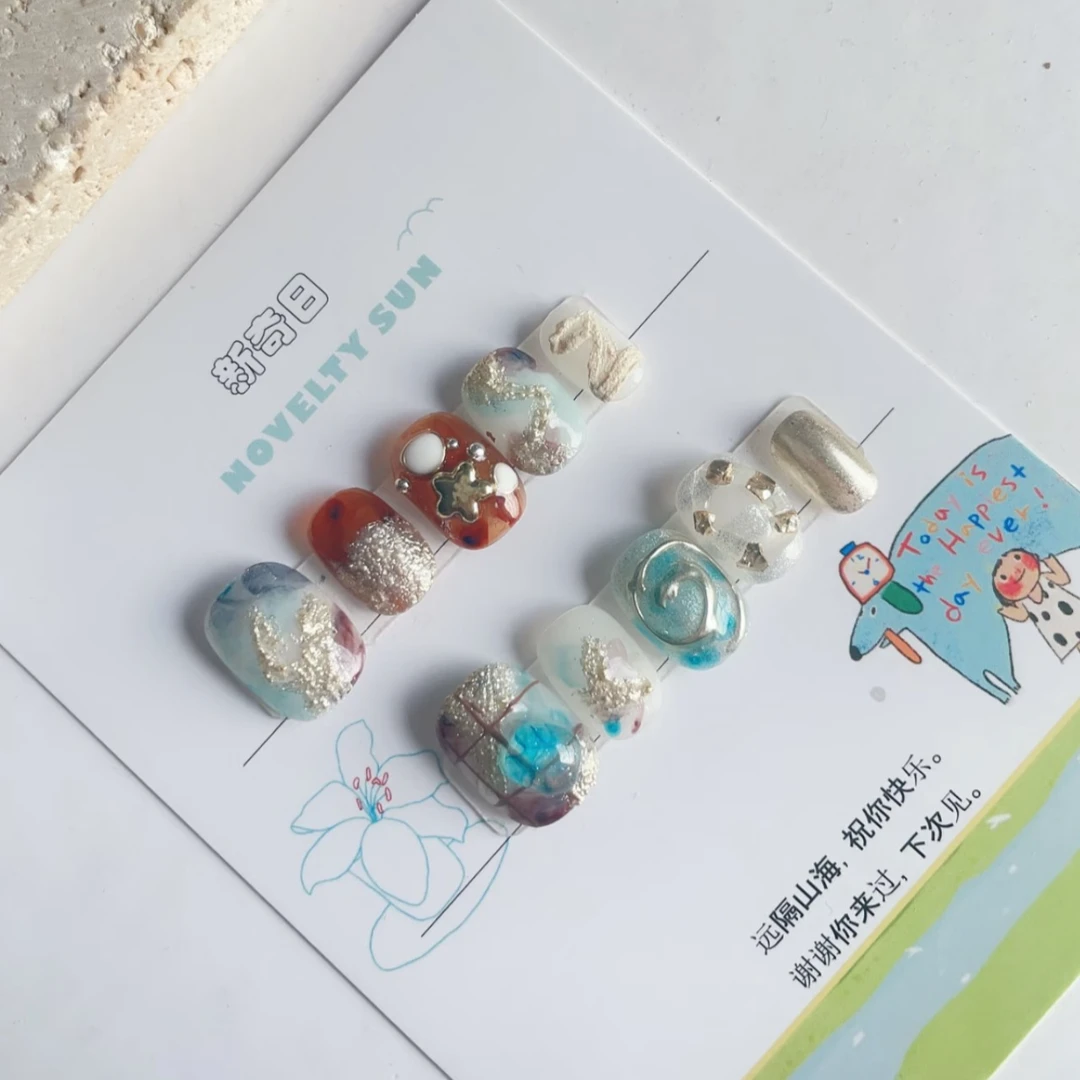 （冰蓝）秋冬纯手工穿戴甲蓝色晕染小众ins手绘美甲短方圆显白