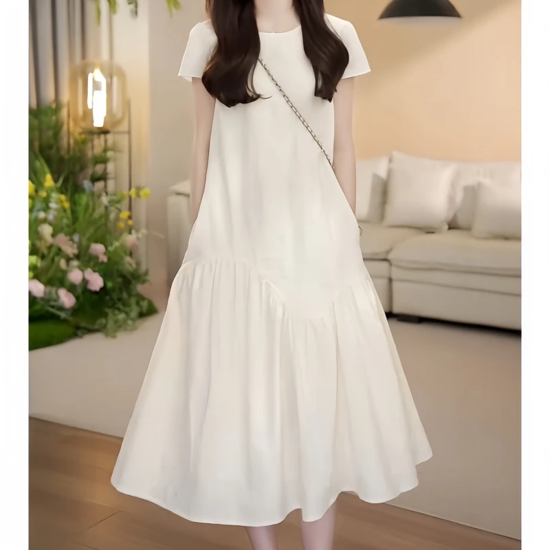 夏季时尚温柔风规圆领连衣裙显瘦短袖设计感法式拼接甜美可爱长裙