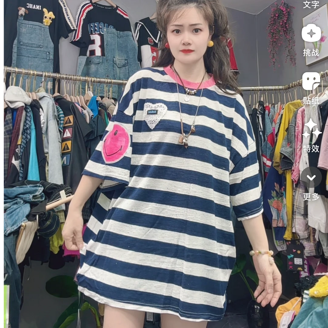 LY家9371#D.X 桃心印花条纹宽松百搭T恤