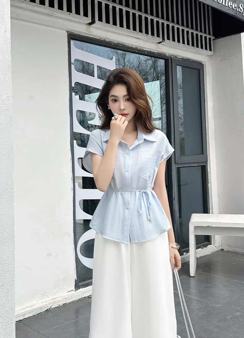 通勤法式时尚套装短袖雪纺衫百搭洋气气质上衣夏季衬衫小众