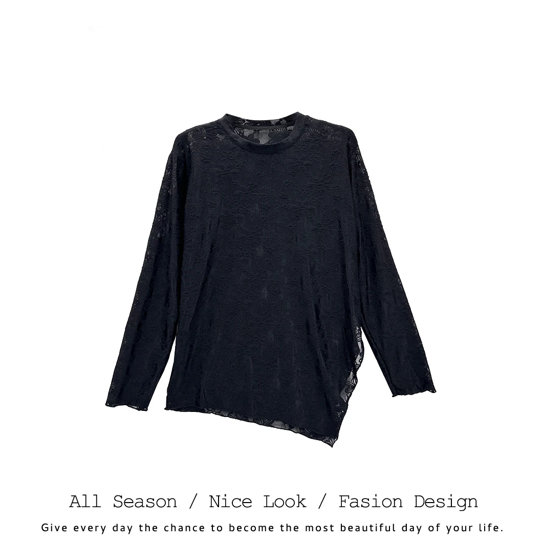 205 开叉蕾丝打底衫女春秋休闲法式大码胖mm内搭上衣#66023