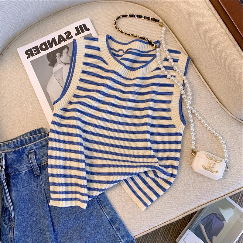 【周周】复古撞色条纹针织背心女夏设计感小众短款无袖上衣T恤衫