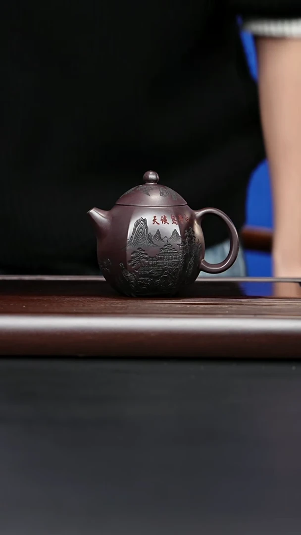 紫砂壶宜兴紫砂 花鸟六方龙蛋 深井老紫泥 顾林芬