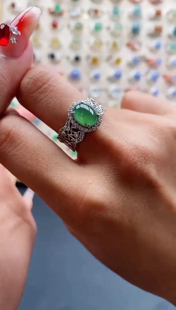 【闪购商品】翡翠戒指银S925镶嵌缅甸天然A货翡翠222 1+9