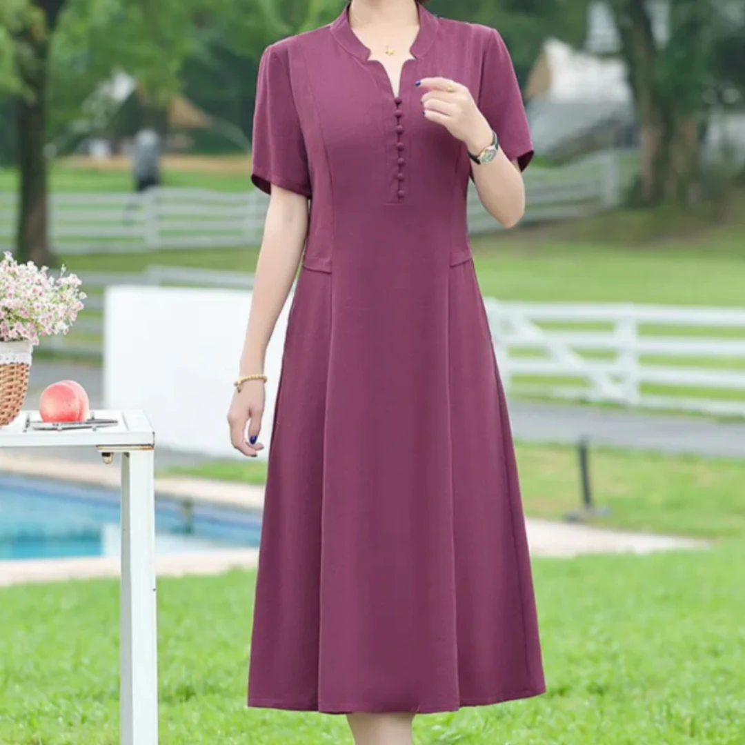 韩版纯色百搭减龄中长裙夏款连衣裙2025新款宽松休闲中老年妈妈装