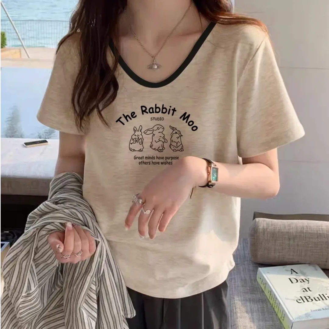 美式复古V领短袖t恤女2025年夏季新款撞色纯棉内搭米灰色宽松上衣