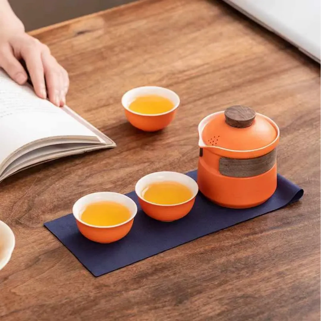 【沉鱼】橙色路宝釉一壶三杯快客家用便携式出差阳台功夫茶具-C129