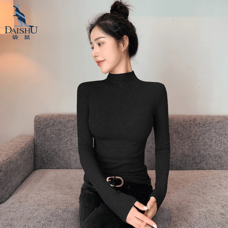 袋鼠2025新春秋半高领黑色上衣长袖T恤爆款修身显瘦打底衫女内搭