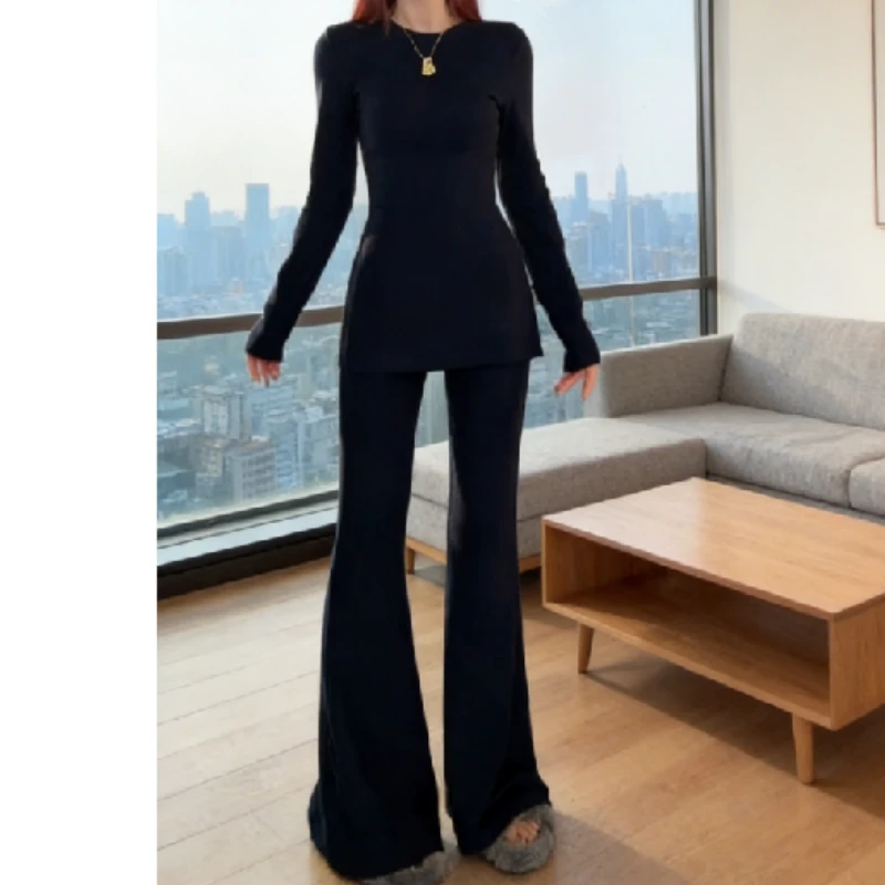 秋冬巨显瘦气质时尚韩系显瘦磨毛上衣+休闲裤套装LK2508791