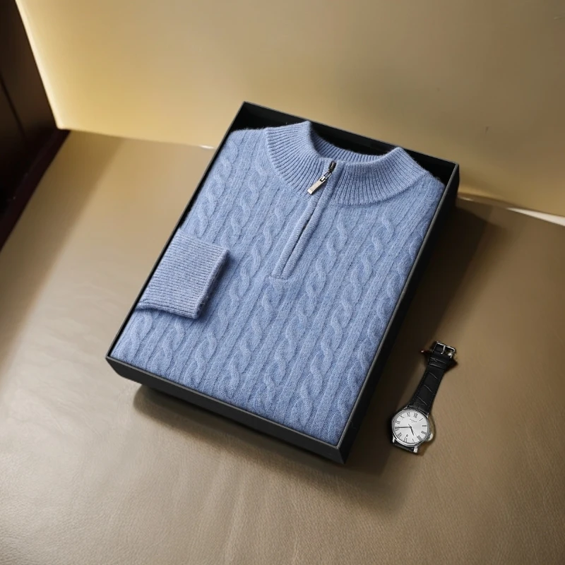 100%山羊绒男士纯色半拉链绞花加厚毛衣商务套衫秋冬新款保暖舒适