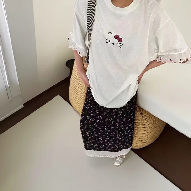 夏季新款猫咪印花黑色白色宽松型中长款半袖胖春游出行穿搭旅游