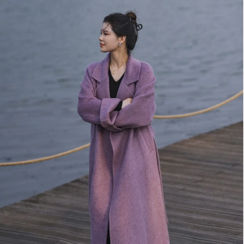 秋冬气质高端双面呢大衣女显瘦插肩袖保暖长款纯色中长款毛呢外套