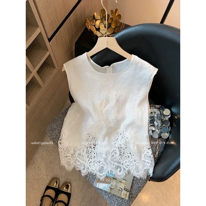 2025夏季新款法式蕾丝拼接白色气质无袖背心女慵懒风气质时髦上衣