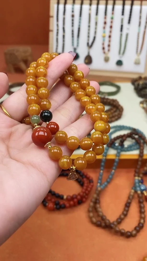 手链蜜蜡未镶嵌双圈蜜蜡和田南红手串