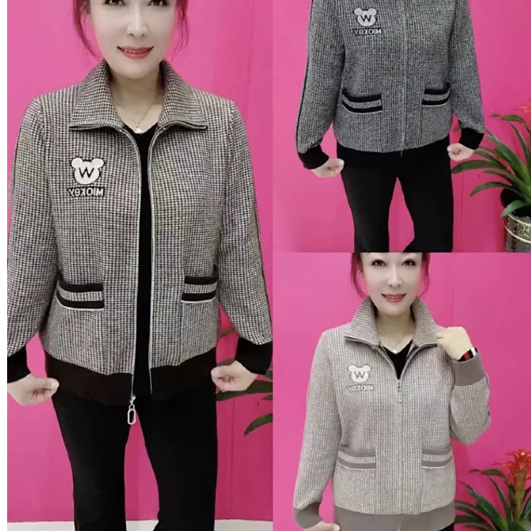 女士春款方领双面绒外套针织弹力大码呢子小熊开衫宽松妈妈装春秋