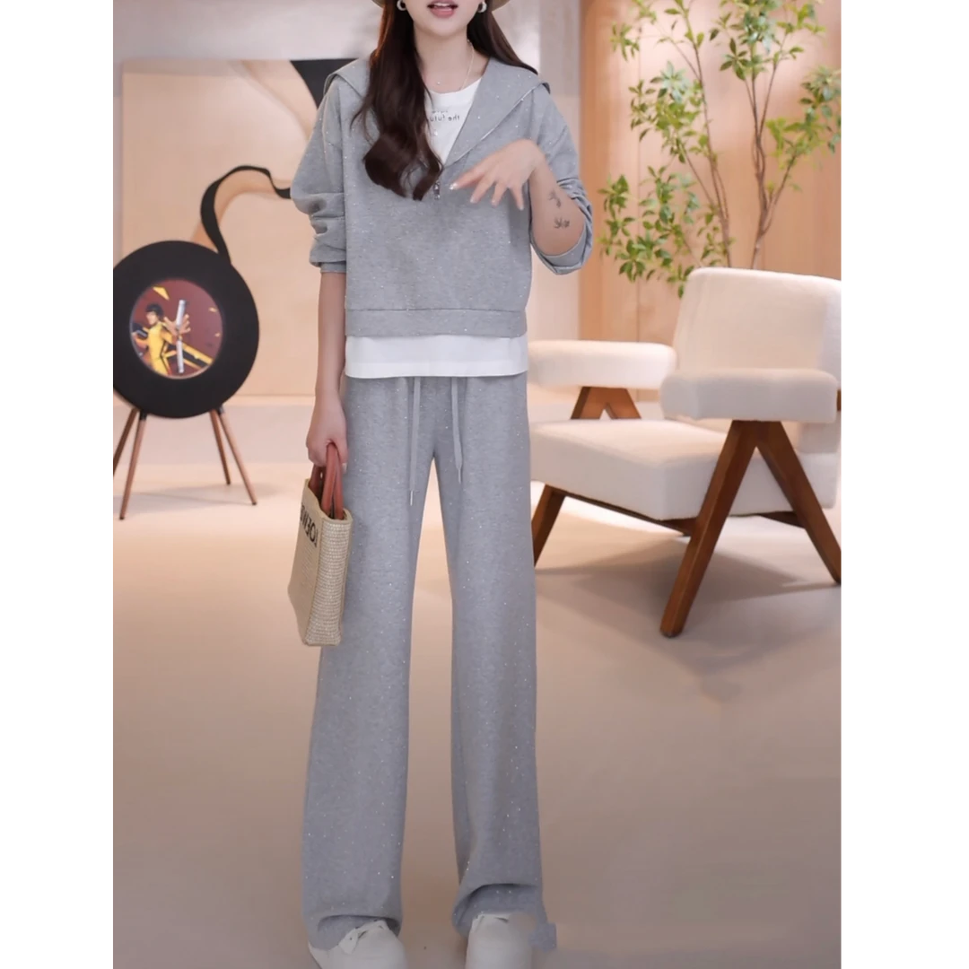 气质高级感时尚套装女2025新款烫钻假两件上衣搭休闲裤两件套7206